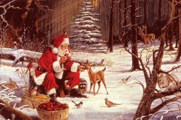 Weihnachtsmann liefern Weihnachtsgeschenke an Tiere im Wald Bäume Schnee Ölgemälde